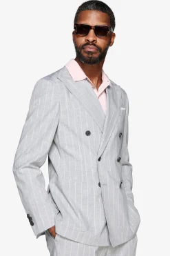 Gray double-breasted pinstripe blazer