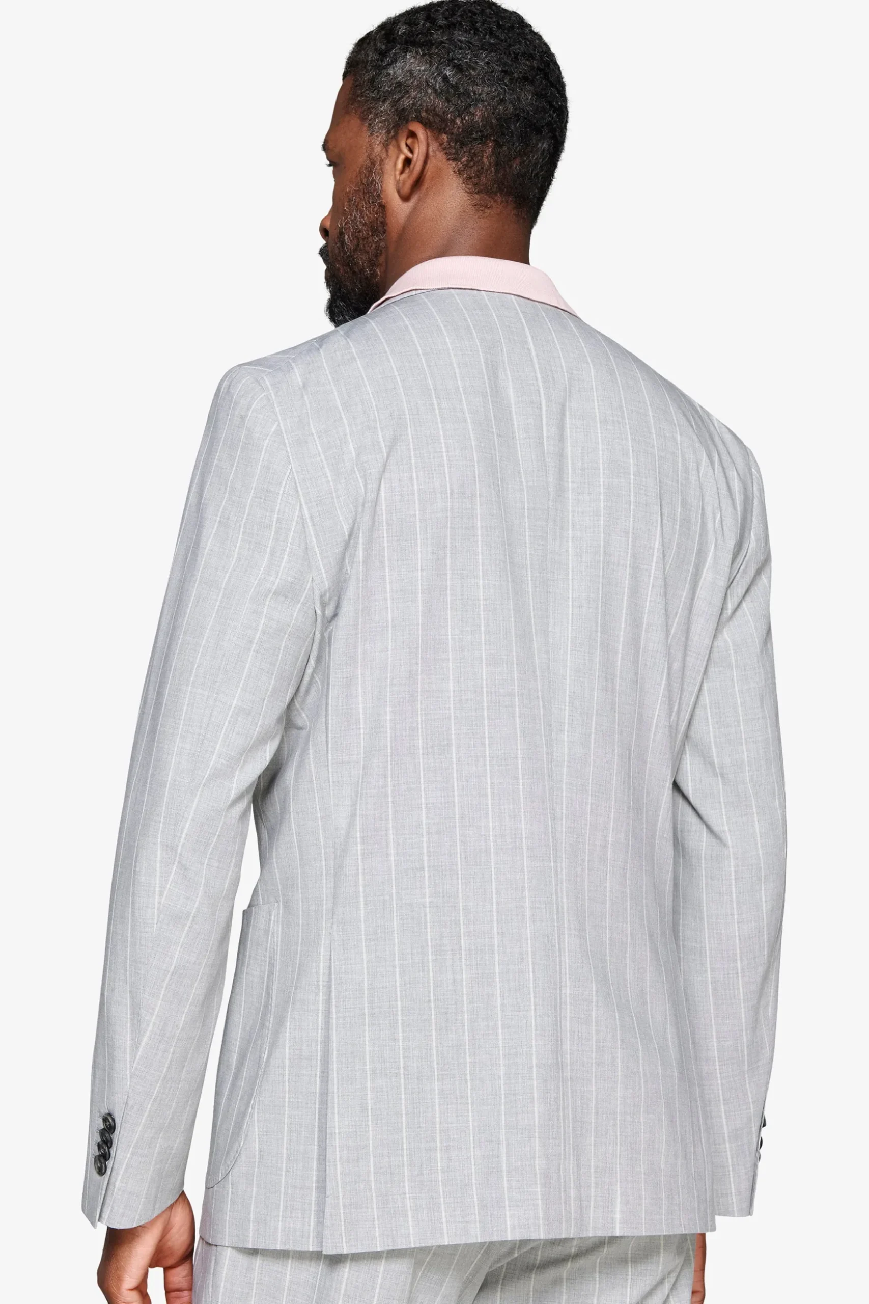 Gray double-breasted pinstripe blazer