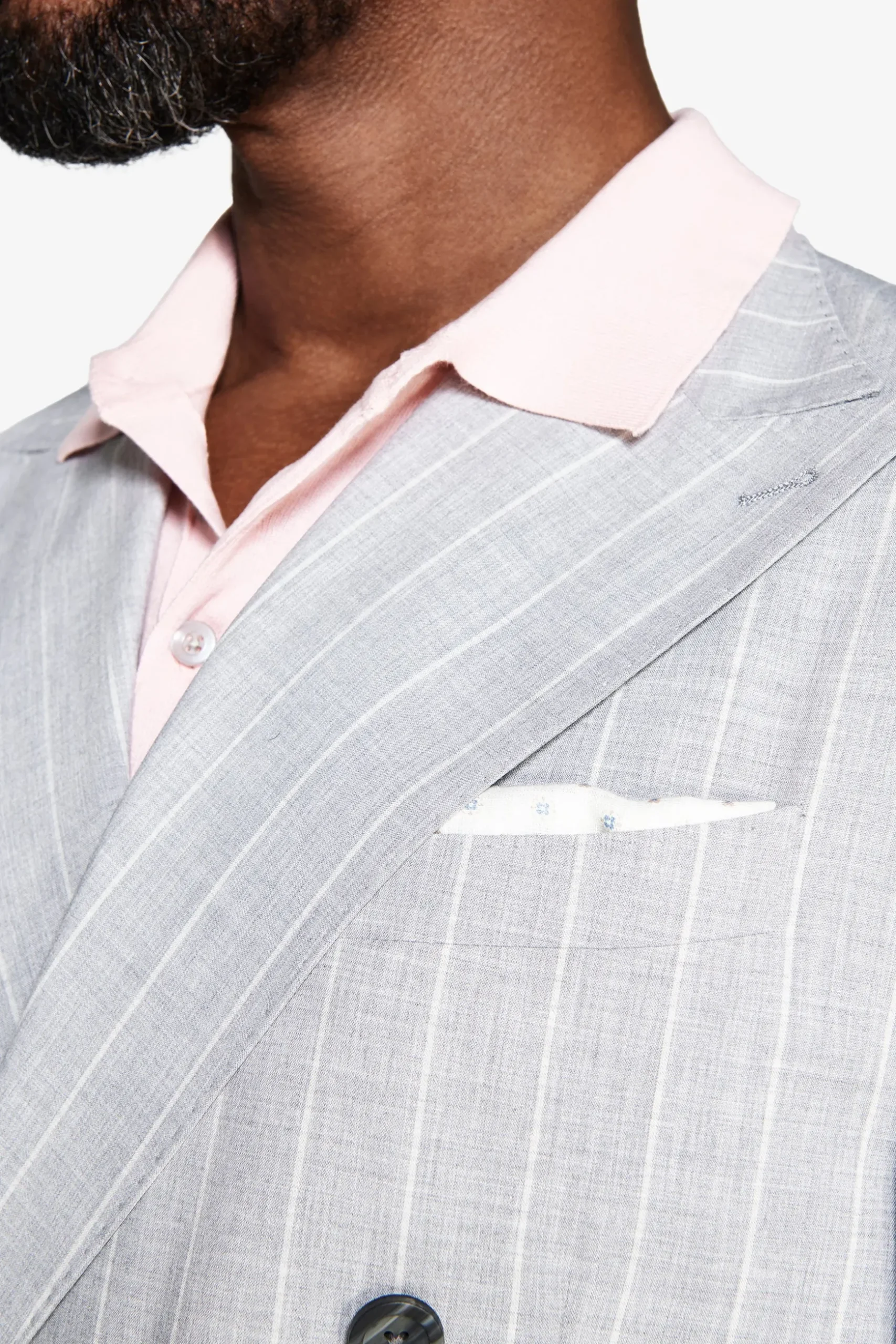 Gray double-breasted pinstripe blazer