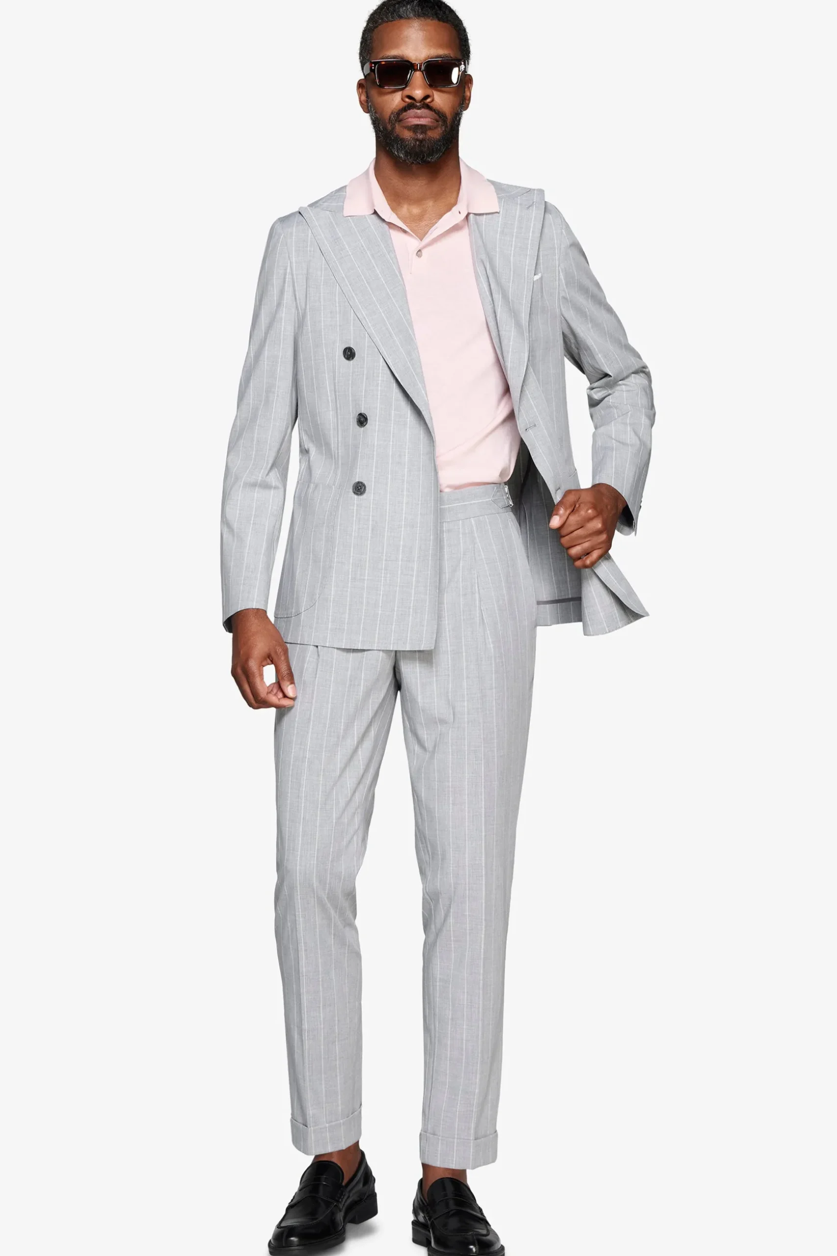 Gray double-breasted pinstripe blazer