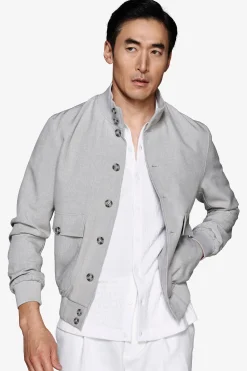 Gray stretch canvas bomber jacket