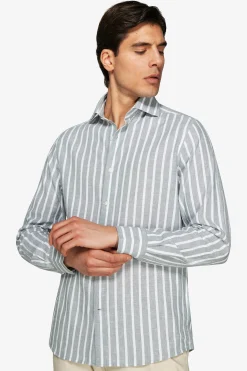 Green linen blend striped shirt