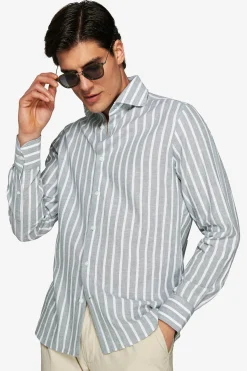 Green linen blend striped shirt