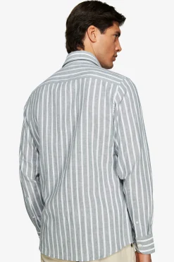 Green linen blend striped shirt