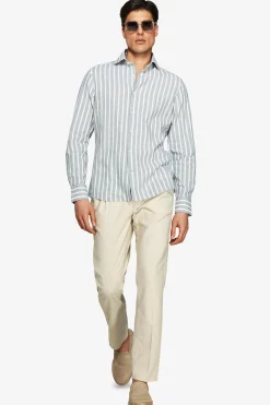 Green linen blend striped shirt