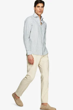 Green linen blend striped shirt