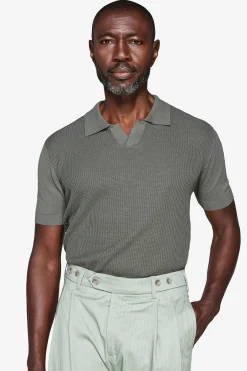 Green textured knit polo shirt