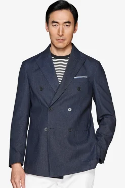 Indigo twill double-breasted blazer