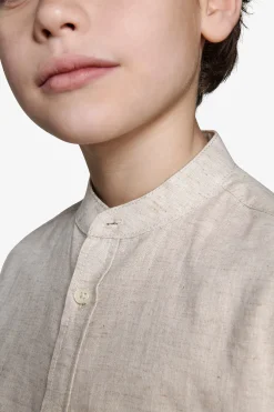 KIDS Beige linen blend mandarin collar shirt