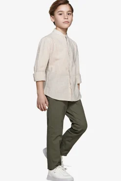 KIDS Beige linen blend mandarin collar shirt