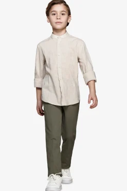 KIDS Beige linen blend mandarin collar shirt