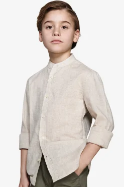KIDS Beige linen blend mandarin collar shirt