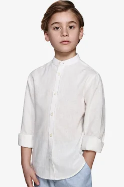 KIDS Cream linen blend mandarin collar shirt