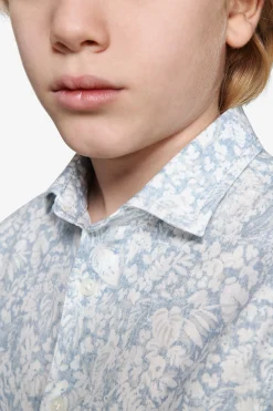 KIDS Light blue floral print linen blend shirt