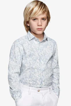 KIDS Light blue floral print linen blend shirt