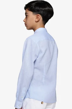 KIDS Light blue linen blend mandarin collar shirt