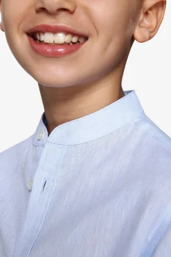 KIDS Light blue linen blend mandarin collar shirt