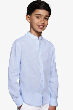 KIDS Light blue linen blend mandarin collar shirt