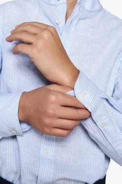 KIDS Light blue striped mandarin collar linen blend shirt
