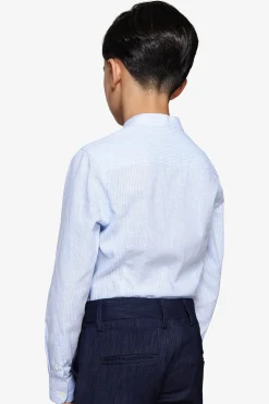 KIDS Light blue striped mandarin collar linen blend shirt