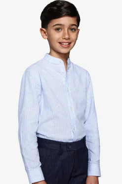 KIDS Light blue striped mandarin collar linen blend shirt