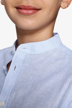 KIDS Light blue striped mandarin collar linen blend shirt