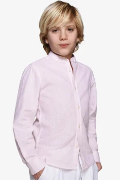 KIDS Pink striped mandarin collar linen blend shirt