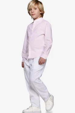 KIDS Pink striped mandarin collar linen blend shirt