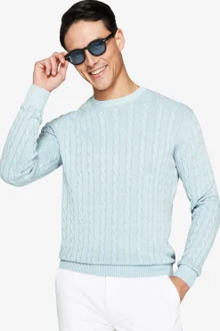 Light blue braided flat rib crewneck sweater