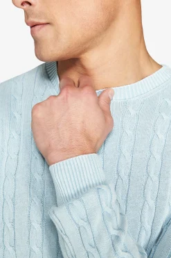 Light blue braided flat rib crewneck sweater