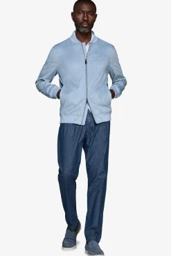 Light blue ecosuede full zip bomber jacket
