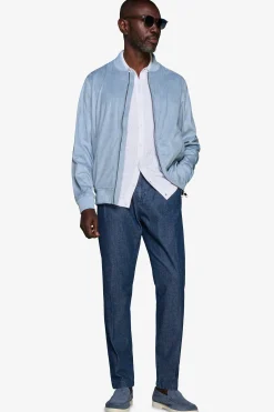 Light blue ecosuede full zip bomber jacket