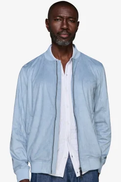 Light blue ecosuede full zip bomber jacket