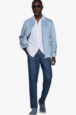Light blue ecosuede full zip bomber jacket