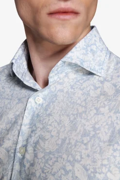 Light blue floral print linen blend shirt
