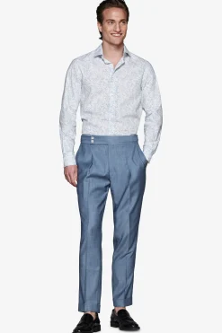 Light blue floral print linen blend shirt