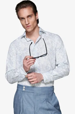 Light blue floral print linen blend shirt