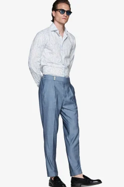 Light blue floral print linen blend shirt