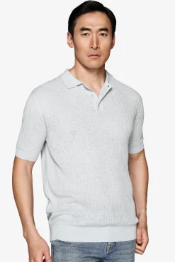 Light blue linen blend knit polo shirt