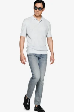 Light blue linen blend knit polo shirt
