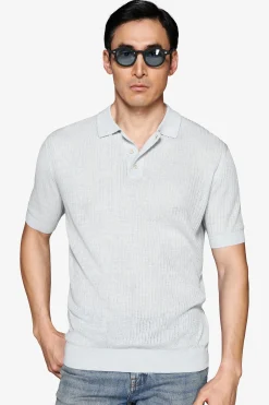 Light blue linen blend knit polo shirt