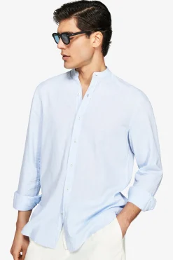 Light blue linen blend mandarin collar shirt