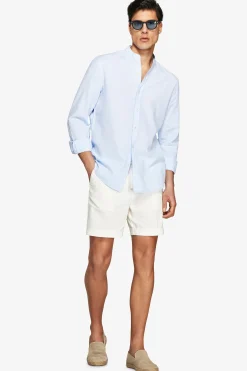 Light blue linen blend mandarin collar shirt