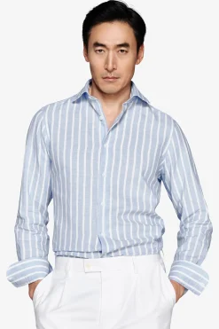 Light blue linen blend striped shirt
