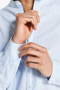 Light blue linen blend striped mandarin collar shirt