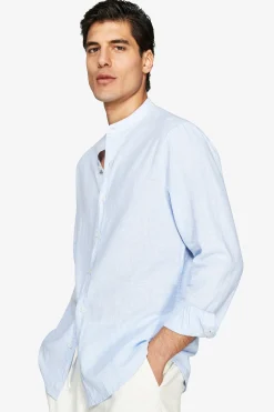 Light blue linen blend striped mandarin collar shirt