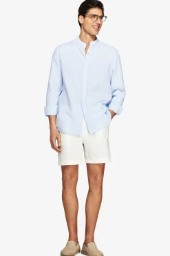 Light blue linen blend striped mandarin collar shirt