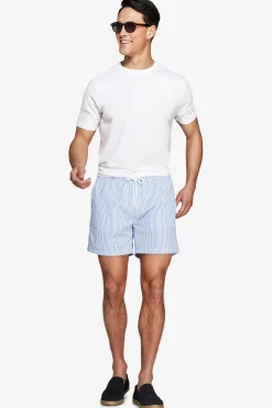 Light blue seersucker striped swim trunks