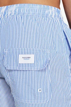 Light blue seersucker striped swim trunks
