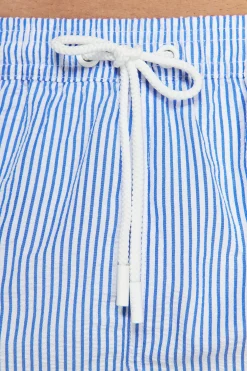 Light blue seersucker striped swim trunks